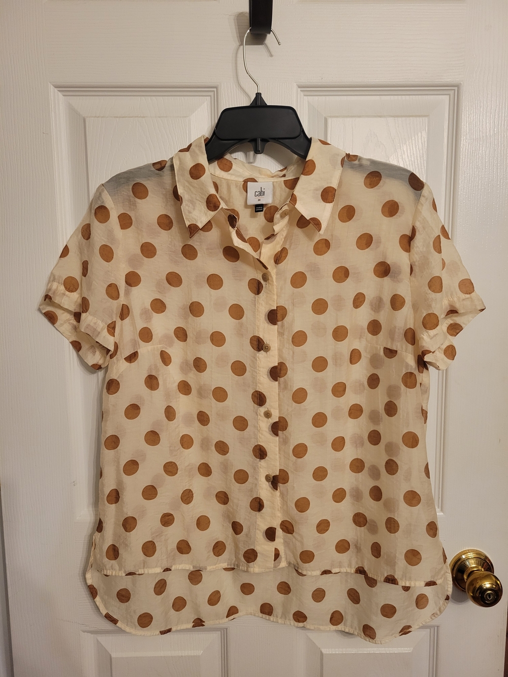 CAbi Sheer Cream Button-Up Blouse with Tan Polka Dots
